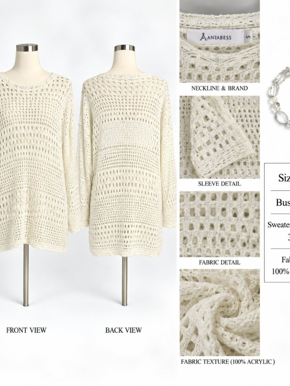 Anrabess Cream Crochet Open-Knit Long Sleeve Sweater Tunic – Size S + FREE Brace
